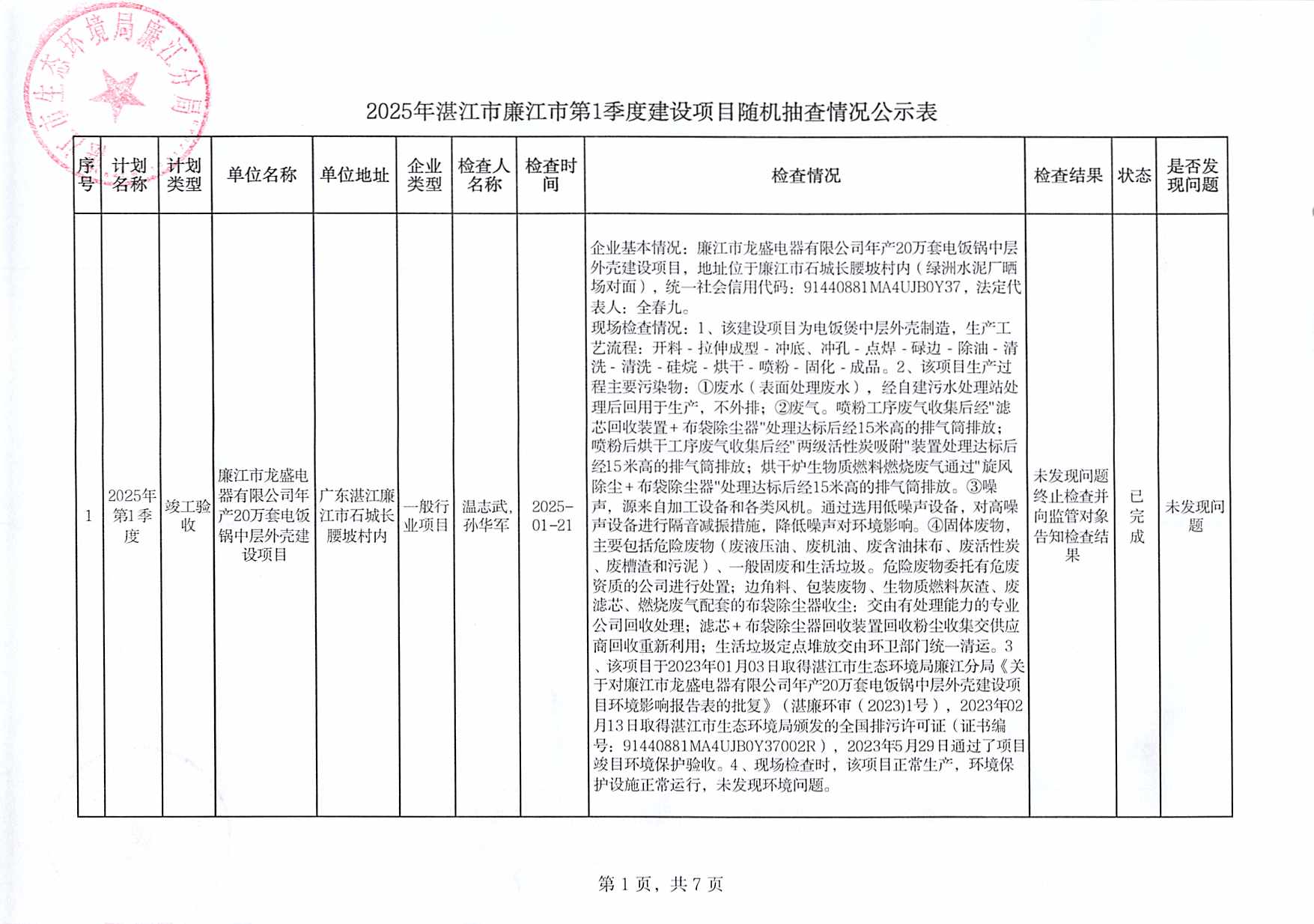 2025年廉江市第1季度建设项目双随机抽查情况公示表.jpg