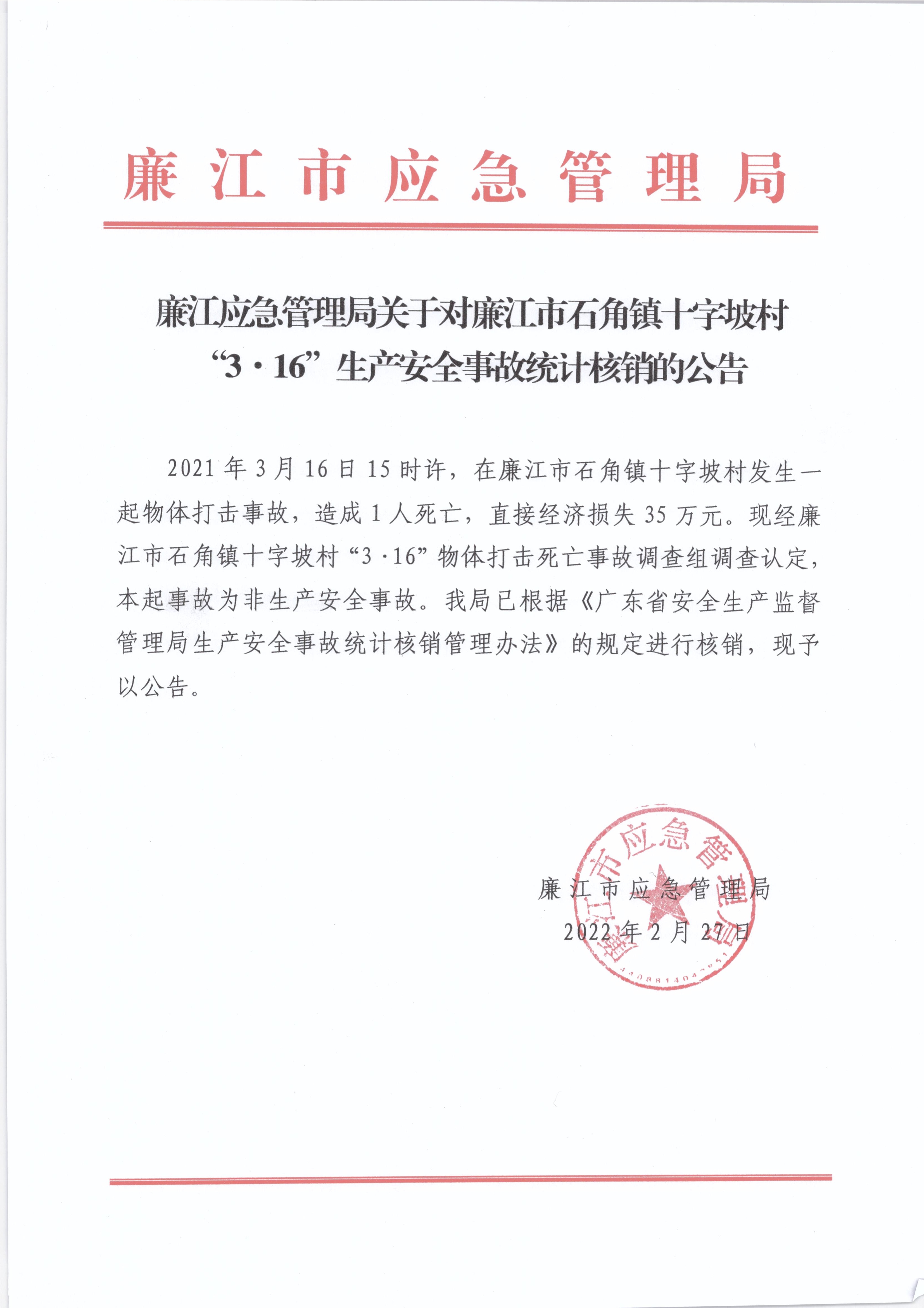 廉江应急管理局关于对廉江市石角镇十字坡村“3·16”生产安全事故统计核销的公告.jpg