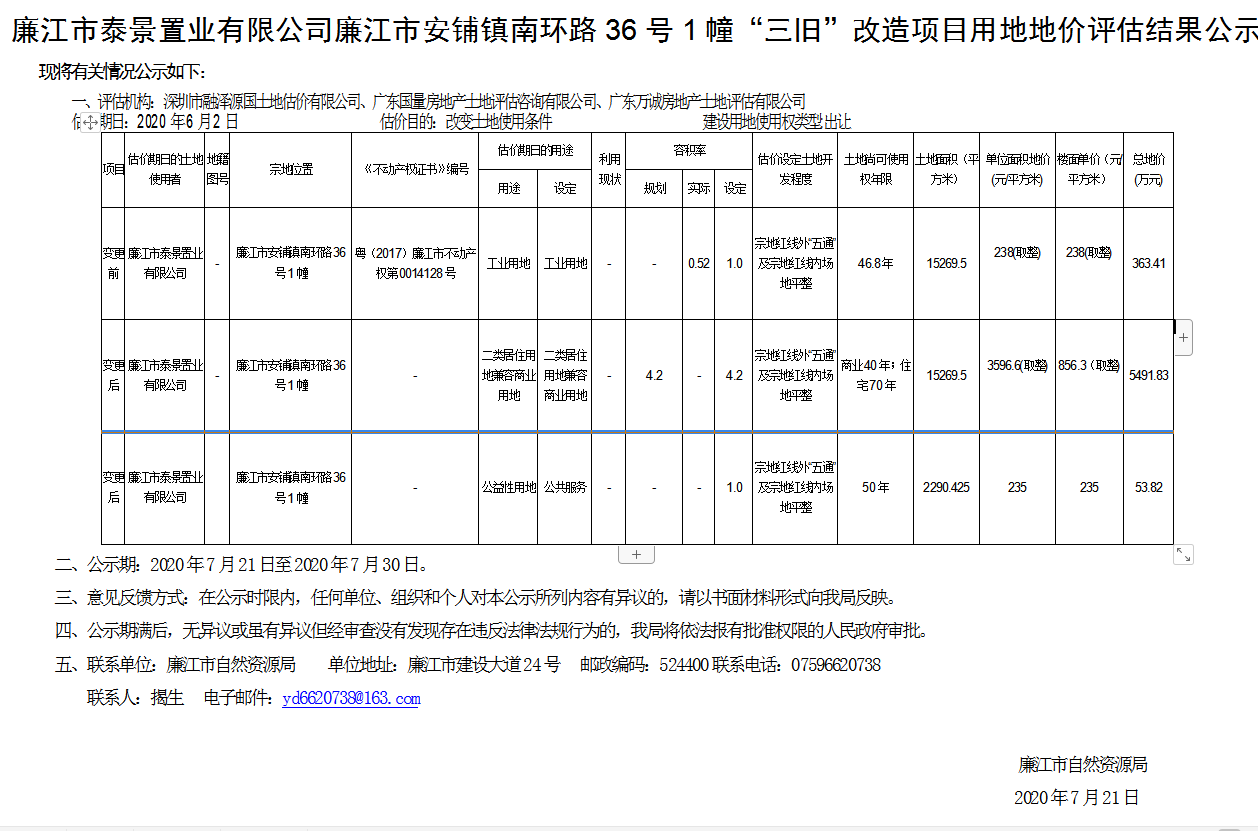 廉江市泰景置业有限公司廉江市安铺镇南环路36号1幢“三旧”改造项目用地地价评估结果公示.png